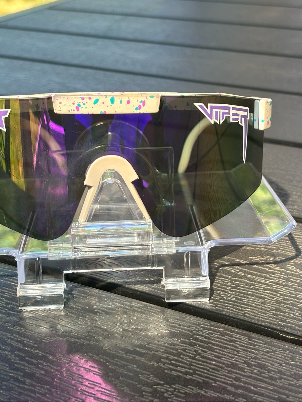 Pit Viper Shield Visor Sunglasses in Ivory Splatter with Purple Mirror Lens